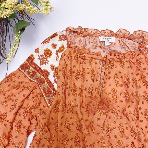 Umgee | Floral Long Puff Sleeve Keyhole Dress Ruffle Hem Tassel Tie Tiered Boho - Picture 4 of 16